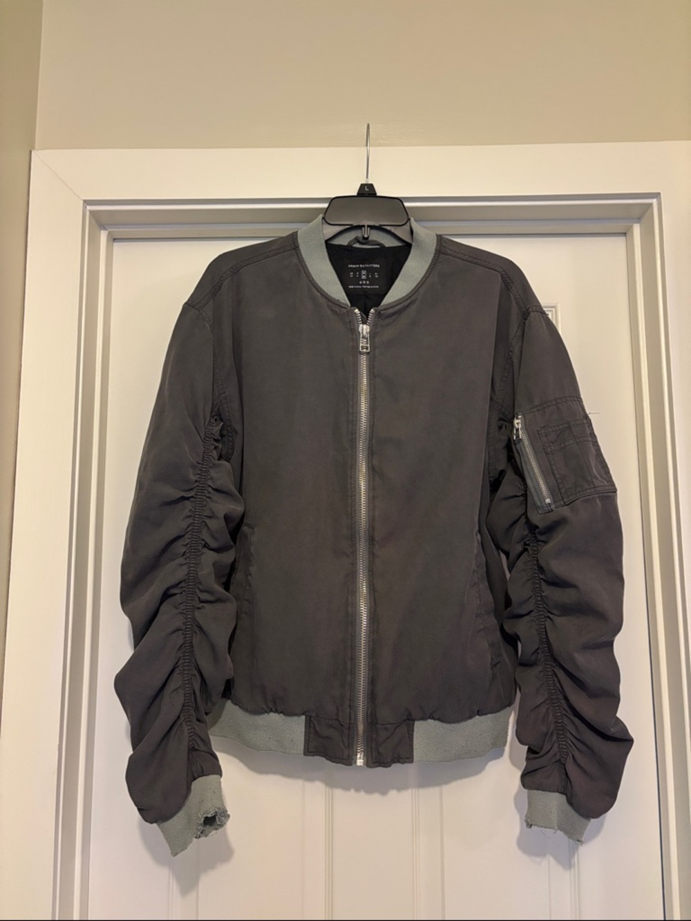 Urban Outfitters Gray Ruching-Sleeve Bomber Jacket